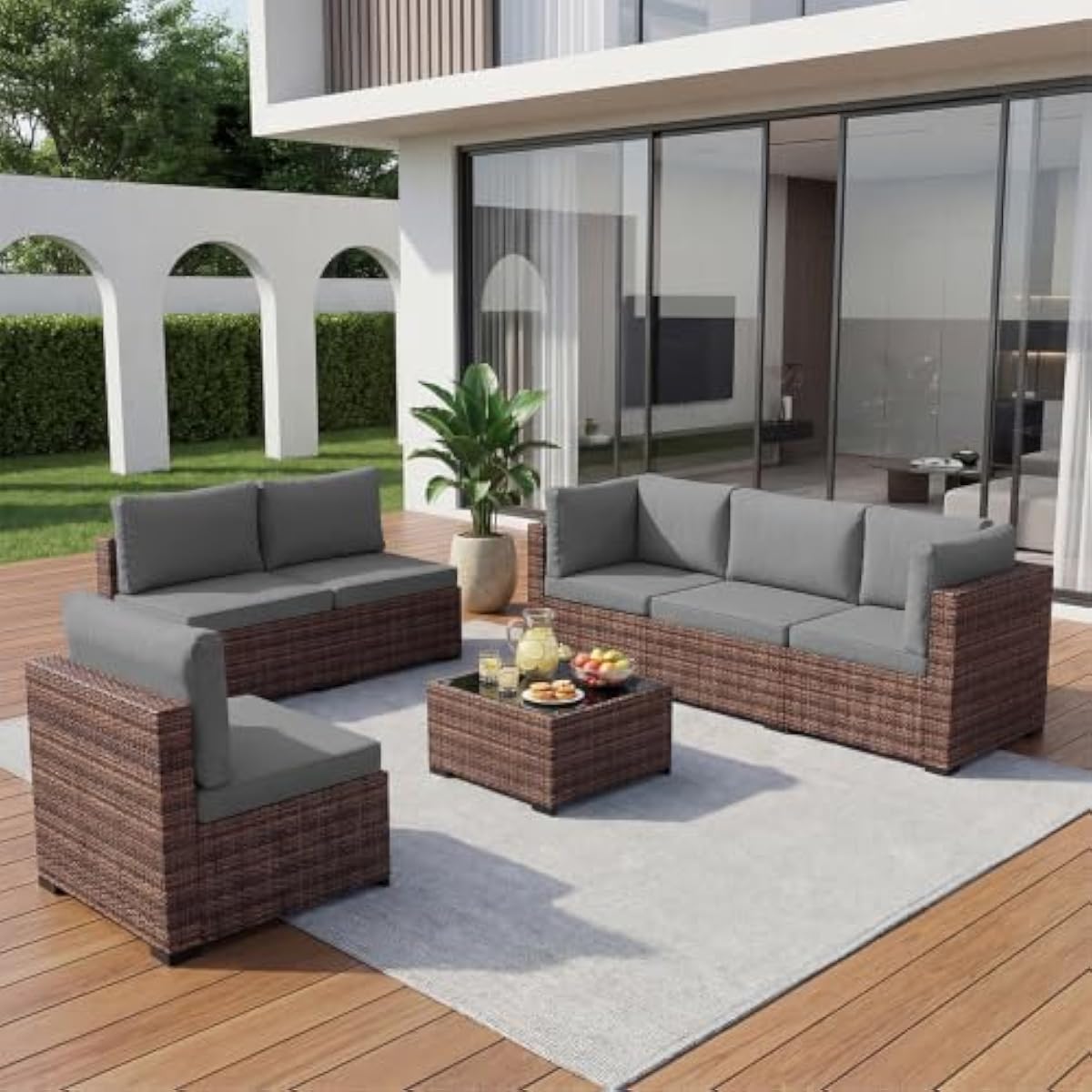 Outdoor Furniture Plus - 7-częściowy zestaw mebli ogrodowych z rattanu,