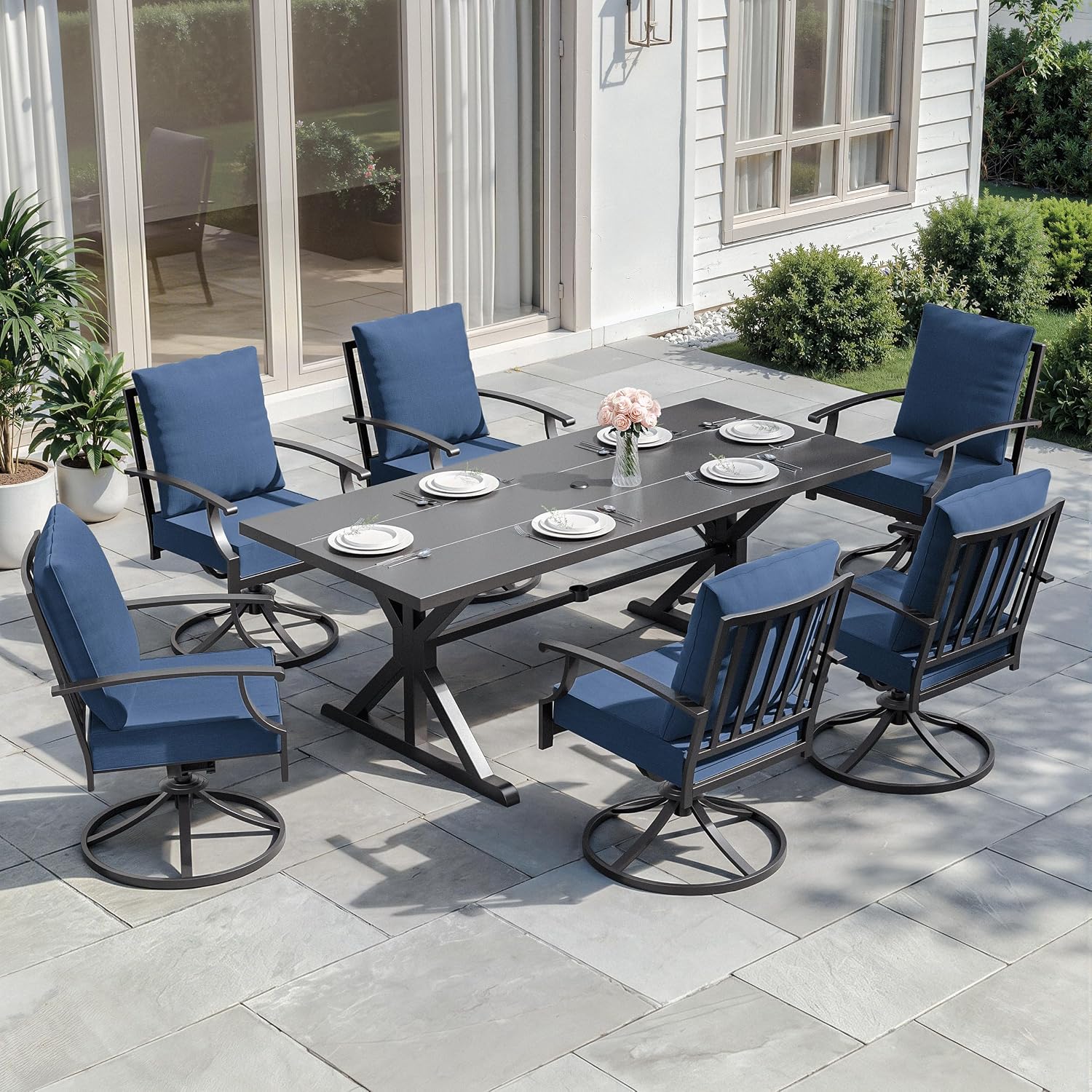 Outdoor Furniture Plus - Metalowy zestaw mebli ogrodowych 7-częściowy, 6