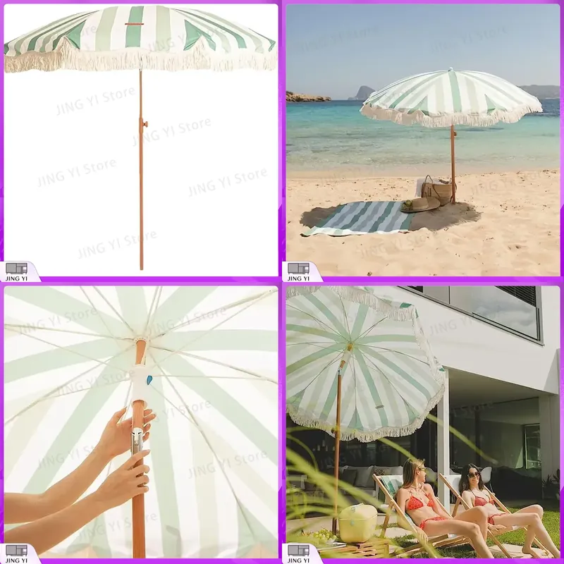 Outdoor Furniture Green - Przenośny zielono-biały parasol plażowy w paski